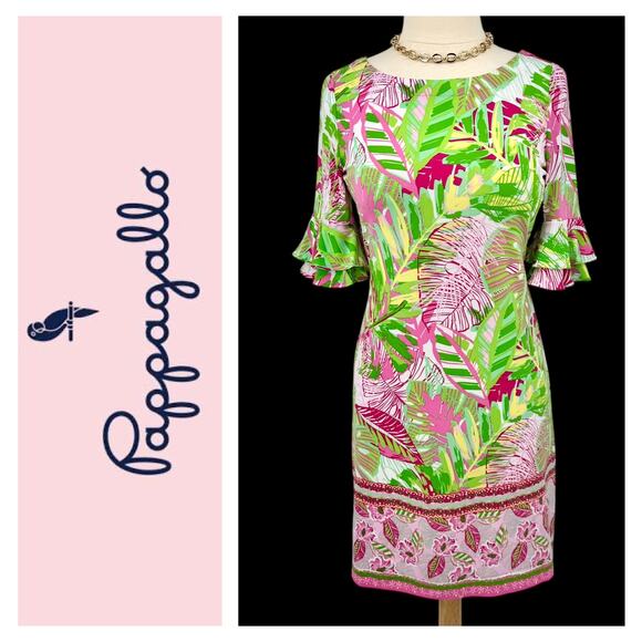 Pappagallo Tropical Double Flutter Sleeve Shift Dress Pink/Green Palm Leaf Small - Picture 2 of 14